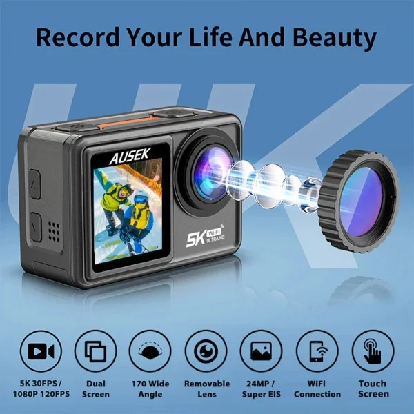 Ausek AT-S81TR Waterproof Dual Display 5K Action Camera With Lens